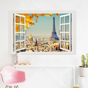 3D wall sticker featuring Paris Eiffel Tower view through a white open window frame