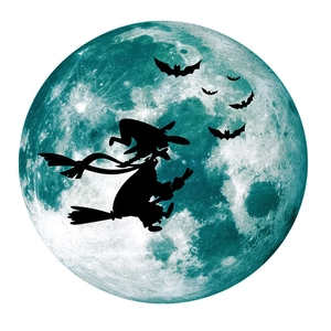 Detailed view of Halloween glowing moon wall sticker with flying witch and bat silhouettes