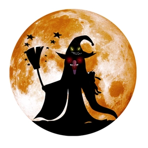 Close-up of a glowing Halloween moon wall sticker featuring a witch and cat silhouette