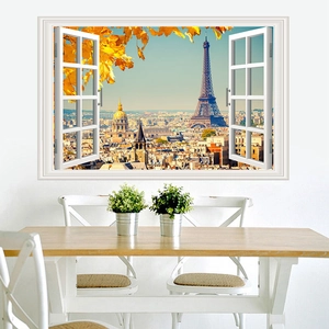 Detail view of 3D fake window wall sticker featuring the Eiffel Tower with autumn leaves