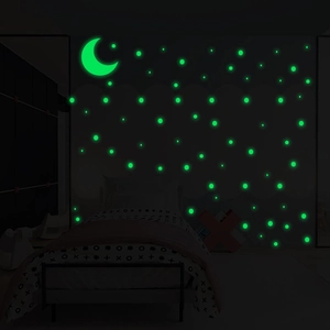 Glow in the dark bedroom wall stickers set featuring moon and luminous green dots