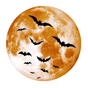 Luminous Halloween wall decal featuring a glowing orange moon and black bat silhouettes