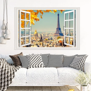3D faux window wall sticker with Eiffel Tower Paris view and autumn maple leaves detail