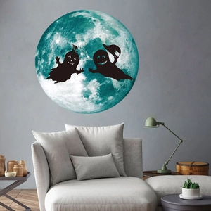 Luminous Halloween wall decal featuring blue glowing moon and cute cartoon ghost silhouettes