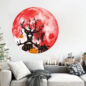 Halloween wall sticker with red glowing moon, black spooky trees and haunted house