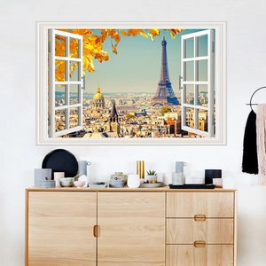 Macro detail of 3D window wall decal featuring Paris Eiffel Tower and autumn golden leaves