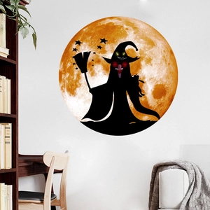 Halloween wall sticker featuring a large orange moon and black witch silhouette for home decor