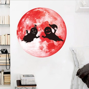 Halloween luminous moon wall sticker with cute ghost silhouettes for home holiday decor