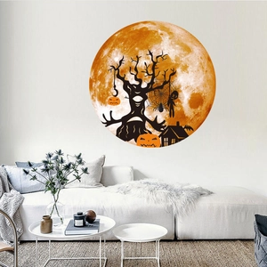 Luminous Halloween wall sticker featuring a realistic orange moon with silhouettes of spooky trees