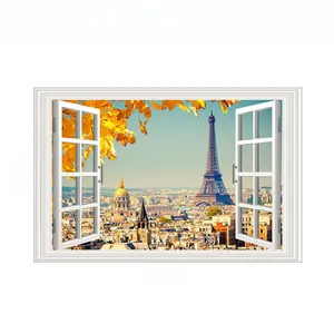 3D window wall decal of Paris Eiffel Tower view, self-adhesive PVC, 86cm x 56cm size