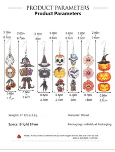 Size chart showing dimensions for 7 styles of wooden Halloween earrings in cm and inches