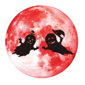 Detail of cartoon ghosts with wizard hat and bow against a realistic red moon wall sticker