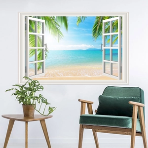 3D sea view fake window wall sticker featuring white frame and tropical beach scenery