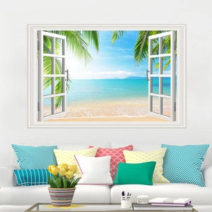 Detail of 3D window wall sticker showing tropical beach scenery in a bright living room