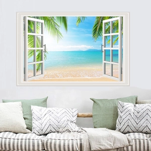 Detail view of 3D window wall sticker showing a tropical beach view through a white frame