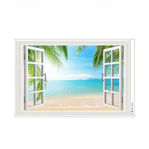 Detailed 60x90cm layout of a 3D window wall sticker featuring a tropical beach ocean view