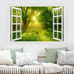 Detailed 3D wall sticker featuring a white faux window frame and a bright forest landscape