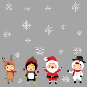 Close-up of Christmas window clings with cartoon reindeer, penguin, and Santa characters