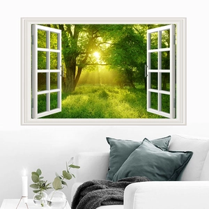 Macro detail of 3D forest fake window wall sticker showing realistic white frame and depth