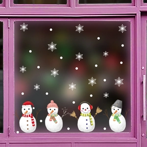 Detailed Christmas window stickers featuring colorful cartoon snowmen and white snowflakes