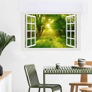 Detailed 3D window wall sticker featuring a lush green forest and sunlight scenery