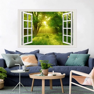 Detail view of 3D forest landscape wall sticker with realistic white window frame effect