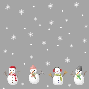 Detail of four festive hand-drawn snowmen stickers with white snowflakes for window decor