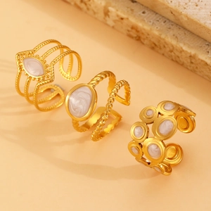 Adjustable gold plated titanium steel rings set with marble enamel in retro fashion design