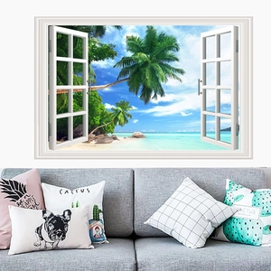 Detailed 3D wall sticker showing a white window frame with a tropical ocean view