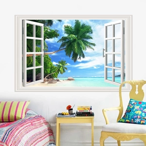 Detailed 3D wall sticker featuring a white open window view of tropical palm beach