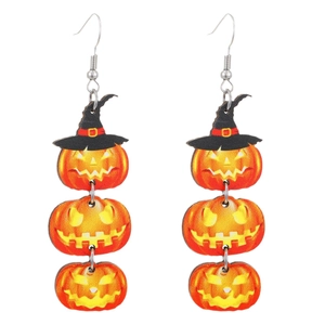 Halloween wooden pumpkin earrings with wizard hats in vibrant orange and black