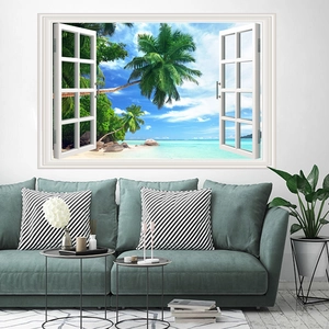 Detail of 3D fake window wall decal showing a tropical beach and palm trees scenery