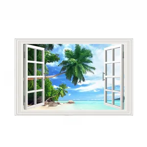 3D wall sticker with tropical beach view through white window frame, 56cm x 86cm size