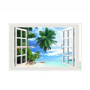 Detailed 60x90cm 3D tropical beach fake window wall sticker with vivid coconut palms view
