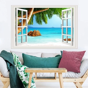 3D tropical beach fake window wall sticker featuring palm trees and ocean on white wall