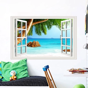 Detail showing 3D fake window wall sticker with tropical ocean view and white frame decor