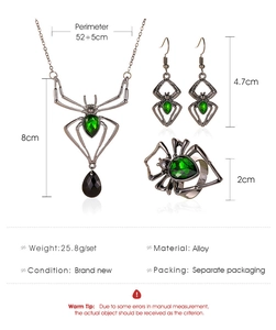 Detailed size specifications for Halloween spider jewelry set with green gemstones