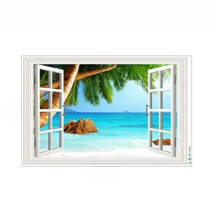 3D faux window wall decal with tropical beach landscape, size 90x60cm, PVC material
