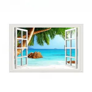 3D fake window wall sticker featuring tropical beach and coconut trees view, 86x56cm size