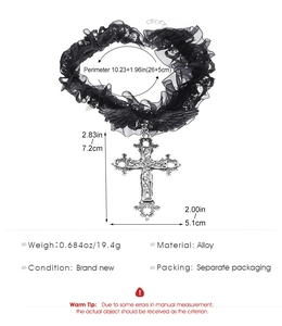 Detail view of Gothic lace choker with alloy cross pendant including specific dimensions