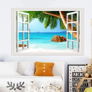 3D faux window wall decal featuring a tropical beach landscape with palm trees and blue ocean