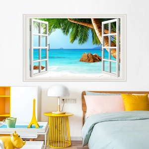 3D fake window wall sticker featuring a tropical beach view with palm trees and blue ocean