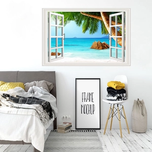 Detail of 3D fake window wall sticker showing a tropical beach view and white frame