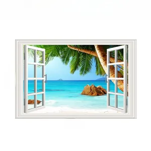 Detailed 3D ocean view window wall sticker showing dimensions 86cm by 56cm