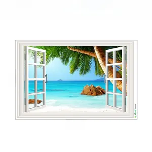 Detail view of 60x90cm 3D faux window wall sticker featuring a tropical beach landscape