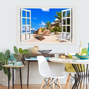 Detailed macro view of 3D tropical beach landscape PVC wall sticker with window frame effect
