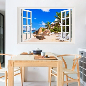 3D fake window wall sticker featuring a tropical beach view for home wall decor