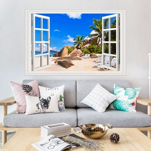 Detailed 3D wall decal showing a tropical beach view through a white window frame