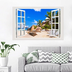 Detailed view of a 3D wall sticker showing a tropical beach through an open window frame