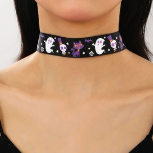 Collier Choker en Ruban Imprimé Fantôme Araignée Cartoon d'Halloween pour Femmes Motif Citrouille Chauve-Souris Bijoux de Fête
